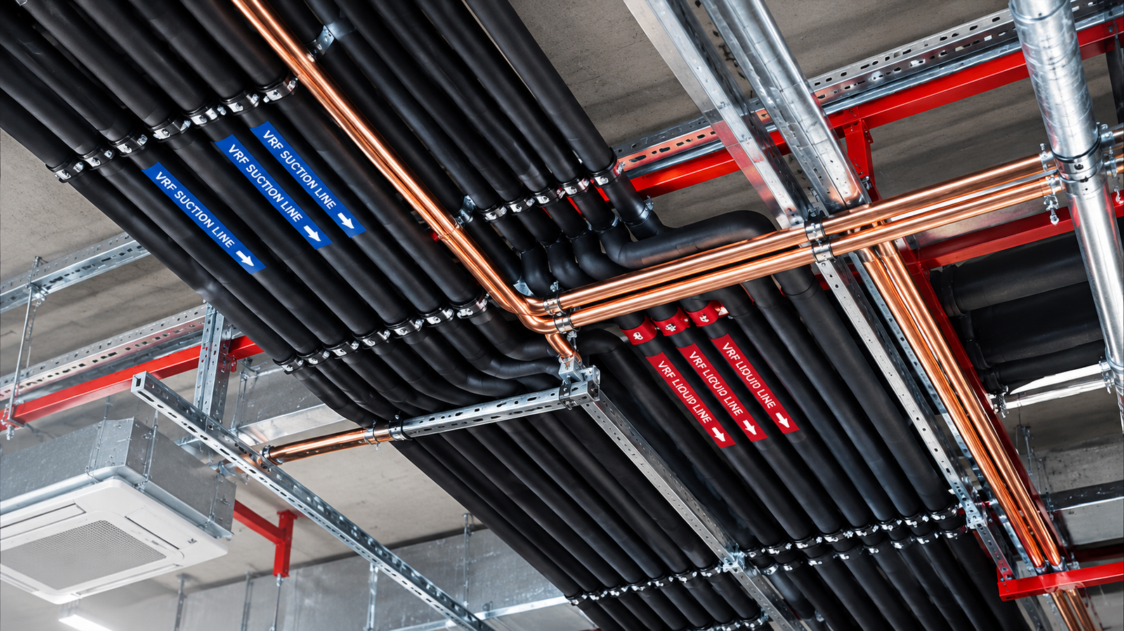 Commercial VRF copper refrigerant piping and insulated line installation in Meerut