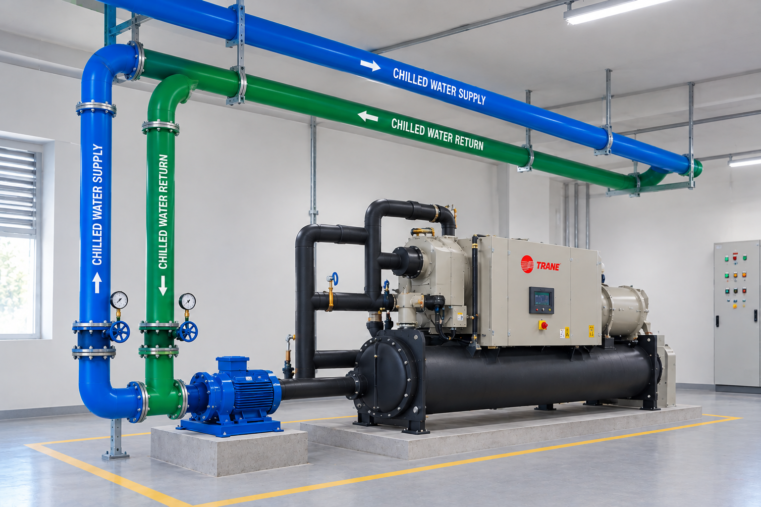 Commercial chiller chilled-water piping installation and insulated pipework in Meerut