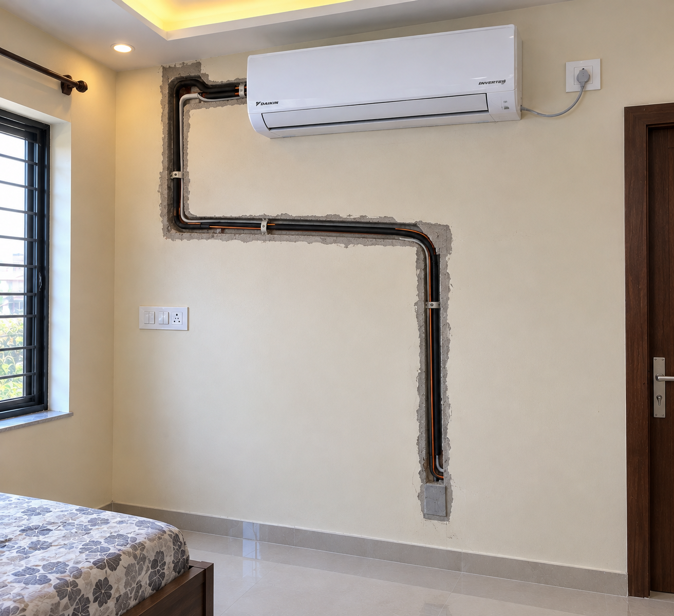 Underground AC copper pipe installation for a residential project in Meerut
