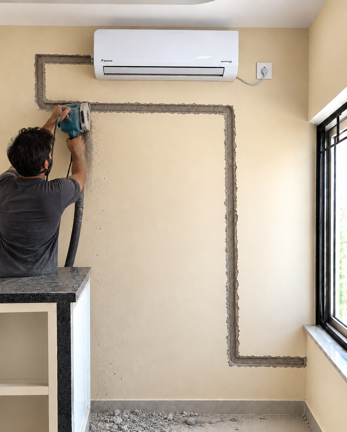 Wall cutting preparation for concealed AC copper pipe fitting in Meerut